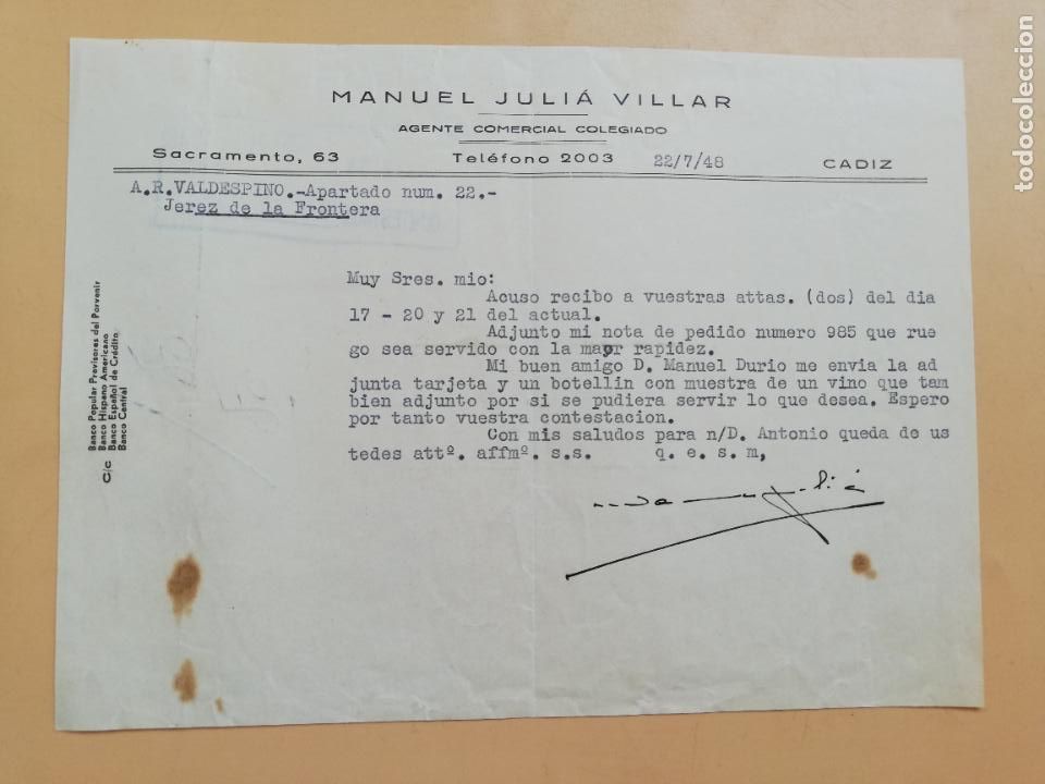 Gesch&auml;ftsbriefe: CARTA COMERCIAL. ACUSE DE RECIBO. MANUEL JULIA VILLAR. AGENTE COMERCIAL COLEGIADO. CADIZ. 1948.