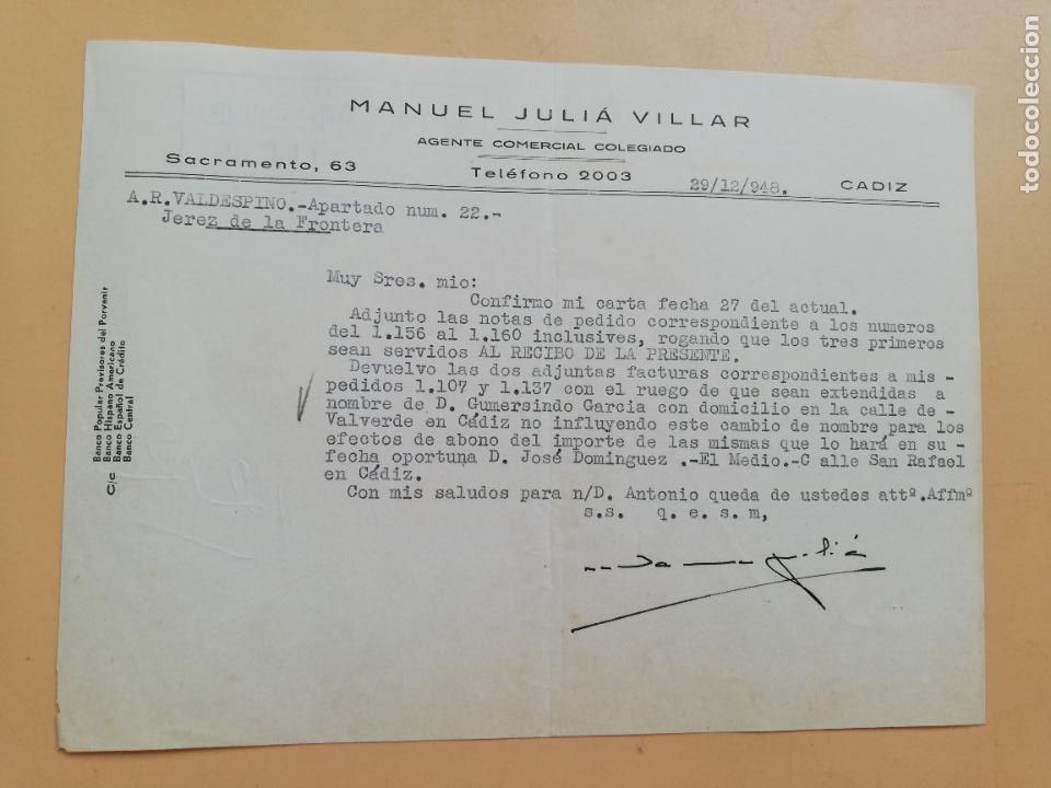 Gesch&auml;ftsbriefe: CARTA COMERCIAL. ACUSE DE RECIBO. MANUEL JULIA VILLAR. AGENTE COMERCIAL COLEGIADO. CADIZ. 1948.