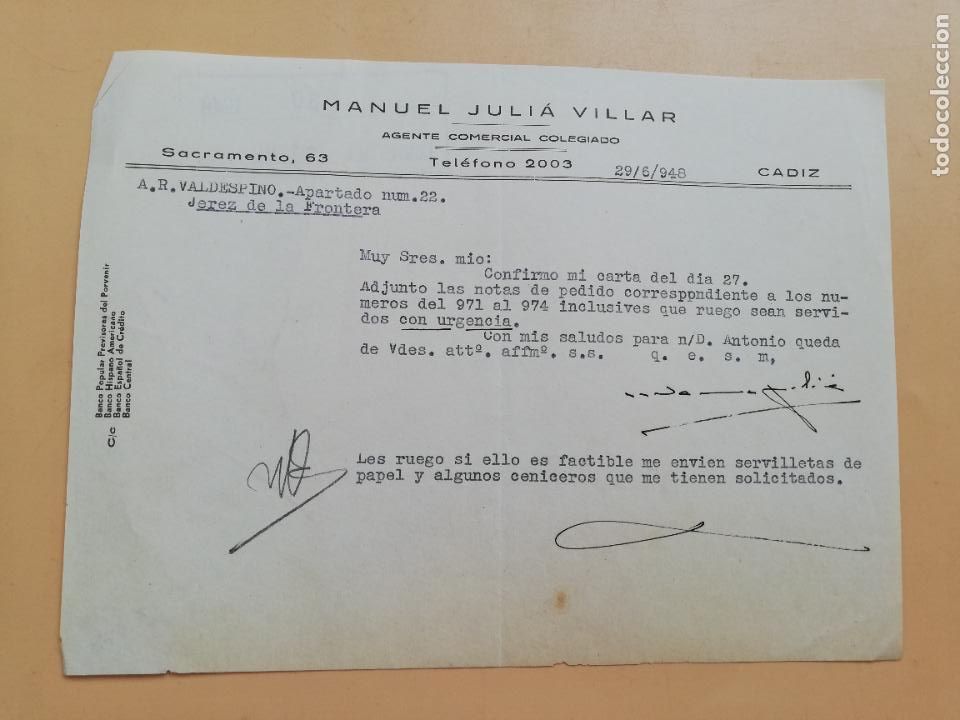 Gesch&auml;ftsbriefe: CARTA COMERCIAL. ACUSE DE RECIBO. MANUEL JULIA VILLAR. AGENTE COMERCIAL COLEGIADO. CADIZ. 1948.