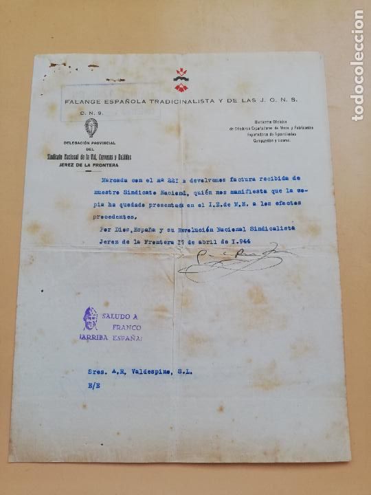Gesch&auml;ftsbriefe: CARTA COMERCIAL. FALANGE ESPA&Ntilde;OLA TRADICIONALISTA Y DE LAS J.O.N.S. JEREZ DE LA FRONTERA 1944.