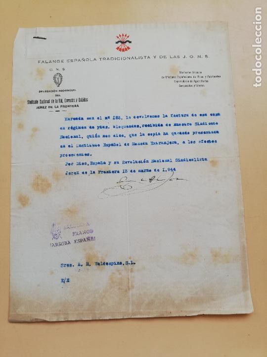 Gesch&auml;ftsbriefe: CARTA COMERCIAL. FALANGE ESPA&Ntilde;OLA TRADICIONALISTA Y DE LAS J.O.N.S. JEREZ DE LA FRONTERA 1944.