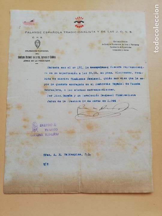 Lettere commerciali: CARTA COMERCIAL. FALANGE ESPA&Ntilde;OLA TRADICIONALISTA Y DE LAS J.O.N.S. JEREZ DE LA FRONTERA 1944.