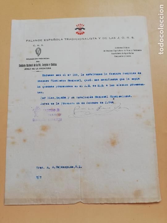Lettere commerciali: CARTA COMERCIAL. FALANGE ESPA&Ntilde;OLA TRADICIONALISTA Y DE LAS J.O.N.S. JEREZ DE LA FRONTERA 1944.