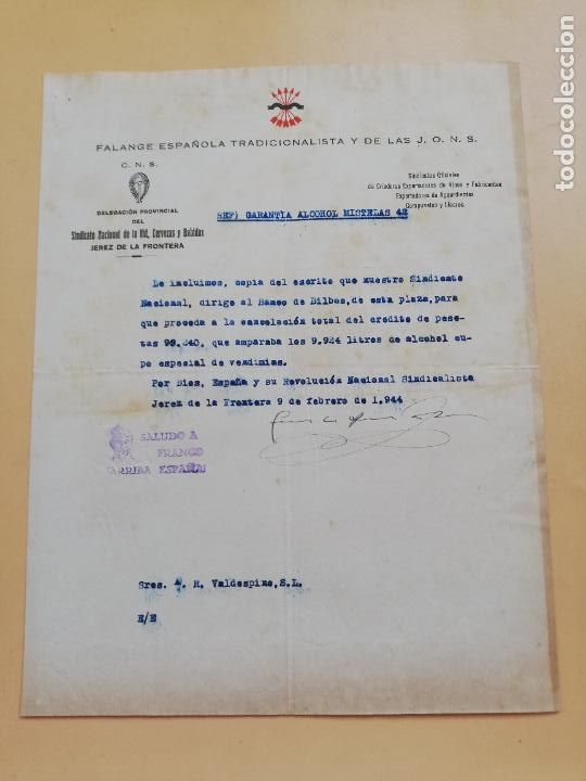 Lettere commerciali: CARTA COMERCIAL. FALANGE ESPA&Ntilde;OLA TRADICIONALISTA Y DE LAS J.O.N.S. JEREZ DE LA FRONTERA 1944.