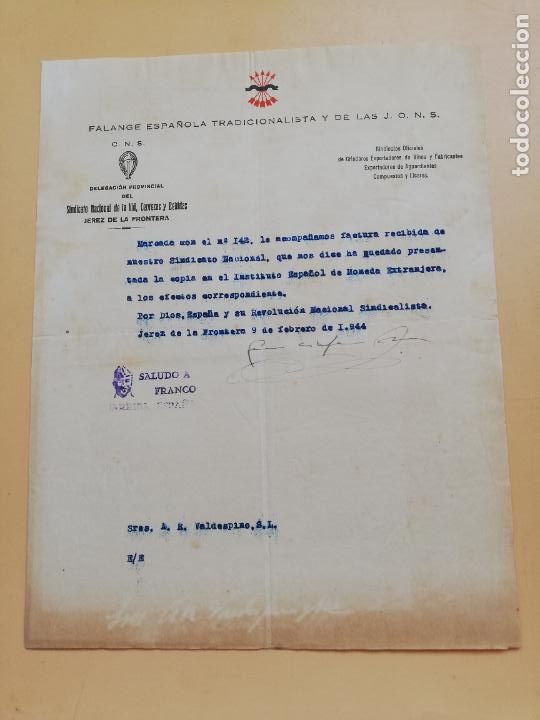 Lettere commerciali: CARTA COMERCIAL. FALANGE ESPA&Ntilde;OLA TRADICIONALISTA Y DE LAS J.O.N.S. JEREZ DE LA FRONTERA 1944.