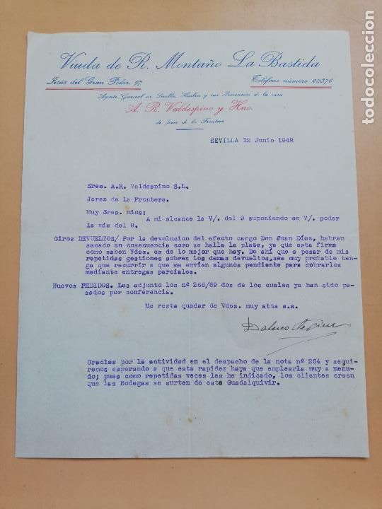 Lettere commerciali: CARTA COMERCIAL. VIUDA DE R. MONTA&Ntilde;O, LA BASTIDA. SEVILLA, 1948.