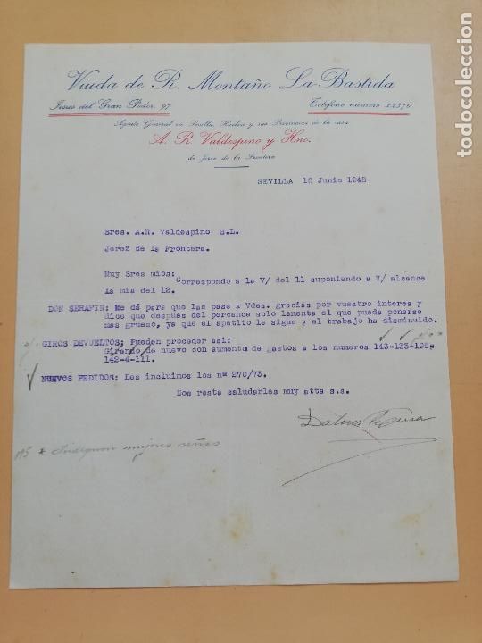 Lettere commerciali: CARTA COMERCIAL. VIUDA DE R. MONTA&Ntilde;O, LA BASTIDA. SEVILLA, 1948.
