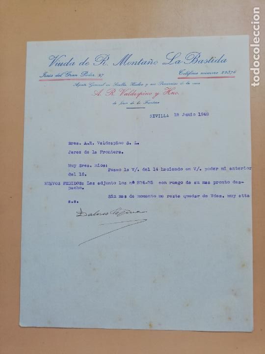 Lettere commerciali: CARTA COMERCIAL. VIUDA DE R. MONTA&Ntilde;O, LA BASTIDA. SEVILLA, 1948.