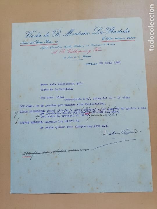 Lettere commerciali: CARTA COMERCIAL. VIUDA DE R. MONTA&Ntilde;O, LA BASTIDA. SEVILLA, 1948.