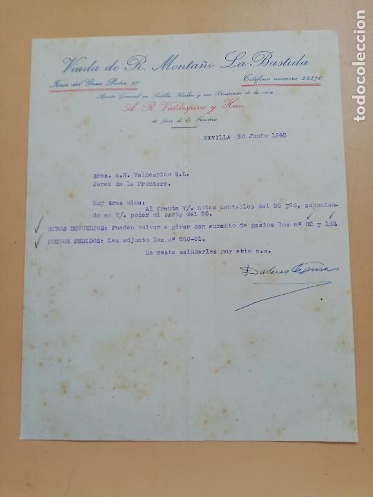 Lettere commerciali: CARTA COMERCIAL. VIUDA DE R. MONTA&Ntilde;O, LA BASTIDA. SEVILLA, 1948.