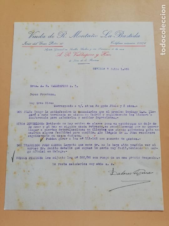 Lettere commerciali: CARTA COMERCIAL. VIUDA DE R. MONTA&Ntilde;O, LA BASTIDA. SEVILLA, 1948.