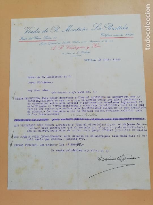 Lettere commerciali: CARTA COMERCIAL. VIUDA DE R. MONTA&Ntilde;O, LA BASTIDA. SEVILLA, 1948.