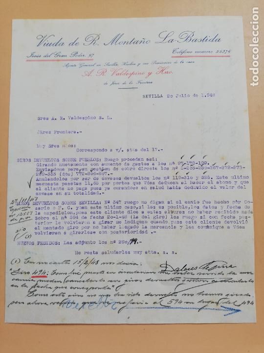 Lettere commerciali: CARTA COMERCIAL. VIUDA DE R. MONTA&Ntilde;O, LA BASTIDA. SEVILLA, 1948.