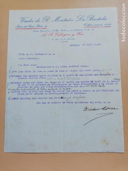 Lettere commerciali: CARTA COMERCIAL. VIUDA DE R. MONTA&Ntilde;O, LA BASTIDA. SEVILLA, 1948.