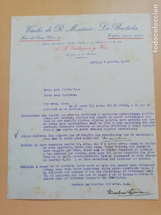 Lettere commerciali: CARTA COMERCIAL. VIUDA DE R. MONTA&Ntilde;O, LA BASTIDA. SEVILLA, 1948.