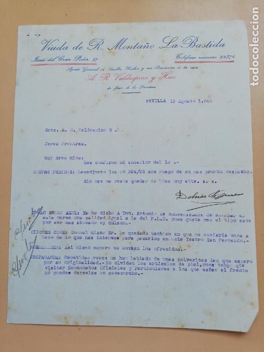 Lettere commerciali: CARTA COMERCIAL. VIUDA DE R. MONTA&Ntilde;O, LA BASTIDA. SEVILLA, 1948.