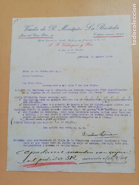 Lettere commerciali: CARTA COMERCIAL. VIUDA DE R. MONTA&Ntilde;O, LA BASTIDA. SEVILLA, 1948.