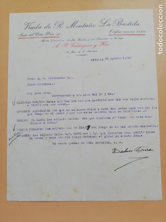 Lettere commerciali: CARTA COMERCIAL. VIUDA DE R. MONTA&Ntilde;O, LA BASTIDA. SEVILLA, 1948.