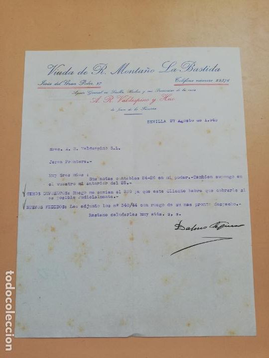 Lettere commerciali: CARTA COMERCIAL. VIUDA DE R. MONTA&Ntilde;O, LA BASTIDA. SEVILLA, 1948.
