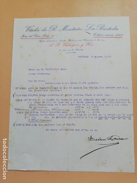 Lettere commerciali: CARTA COMERCIAL. VIUDA DE R. MONTA&Ntilde;O, LA BASTIDA. SEVILLA, 1948.