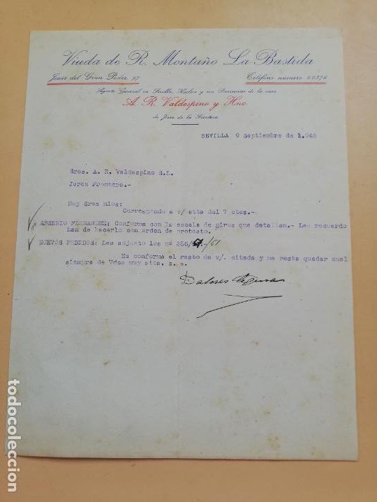 Lettere commerciali: CARTA COMERCIAL. VIUDA DE R. MONTA&Ntilde;O, LA BASTIDA. SEVILLA, 1948.
