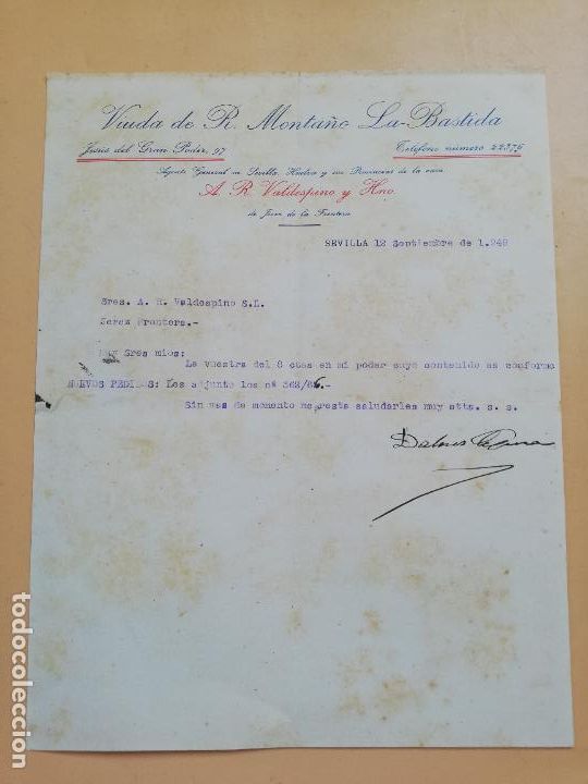 Lettere commerciali: CARTA COMERCIAL. VIUDA DE R. MONTA&Ntilde;O, LA BASTIDA. SEVILLA, 1948.