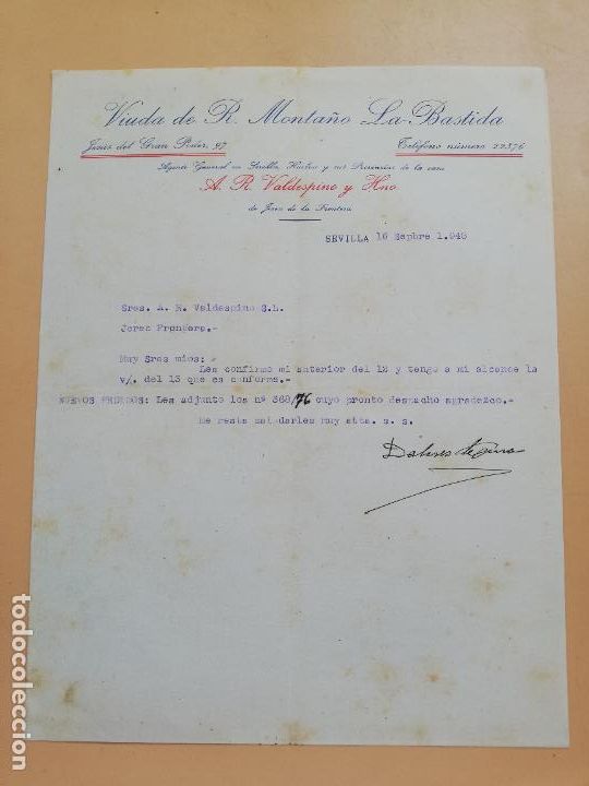 Lettere commerciali: CARTA COMERCIAL. VIUDA DE R. MONTA&Ntilde;O, LA BASTIDA. SEVILLA, 1948.