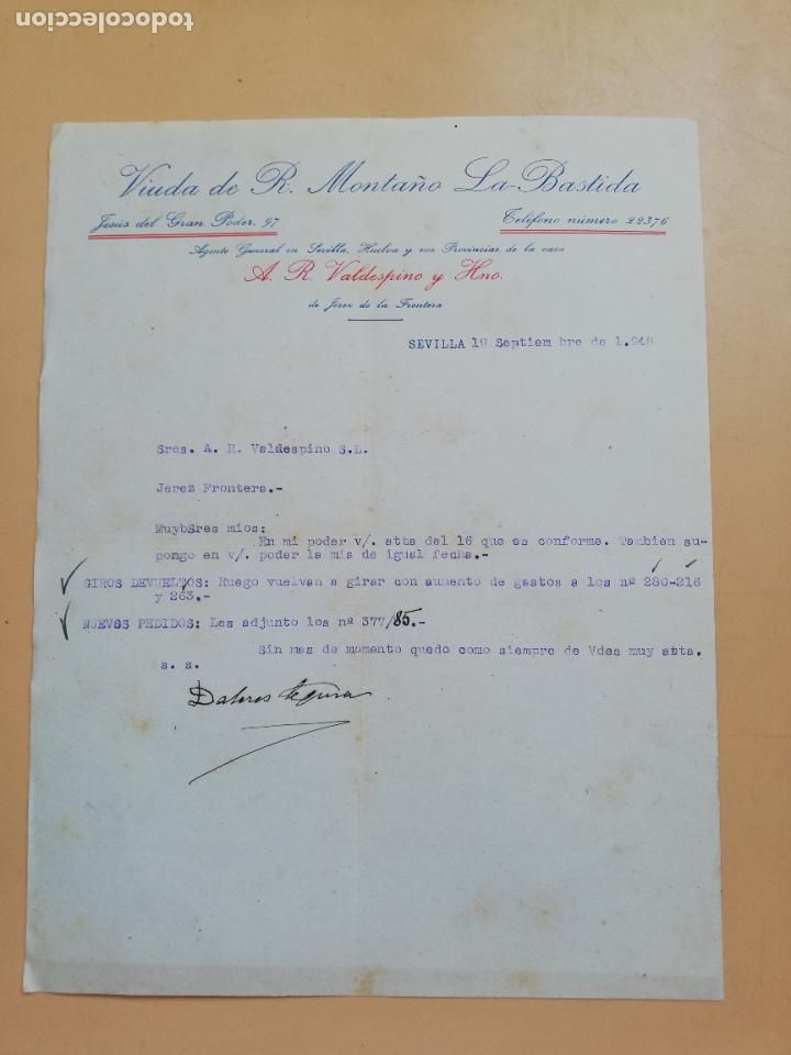 Lettere commerciali: CARTA COMERCIAL. VIUDA DE R. MONTA&Ntilde;O, LA BASTIDA. SEVILLA, 1948.