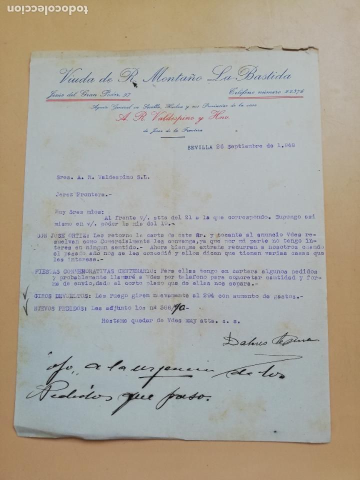 Lettere commerciali: CARTA COMERCIAL. VIUDA DE R. MONTA&Ntilde;O, LA BASTIDA. SEVILLA, 1948.
