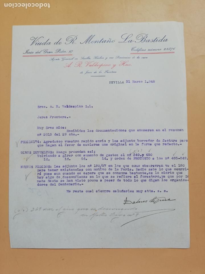 Lettere commerciali: CARTA COMERCIAL. VIUDA DE R. MONTA&Ntilde;O, LA BASTIDA. SEVILLA, 1948.