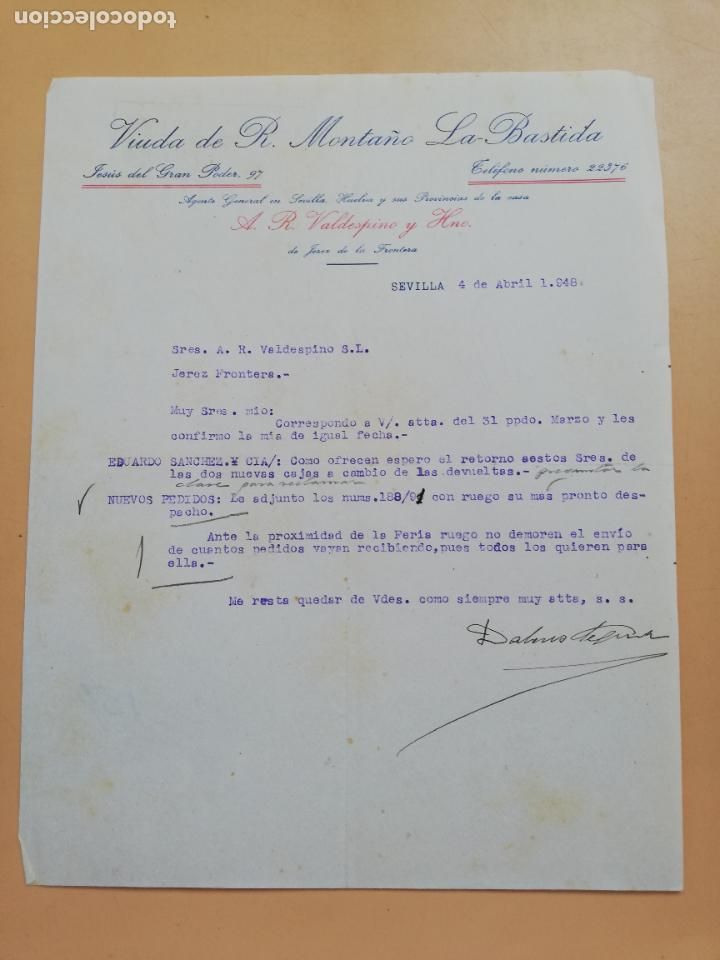 Lettere commerciali: CARTA COMERCIAL. VIUDA DE R. MONTA&Ntilde;O, LA BASTIDA. SEVILLA, 1948.