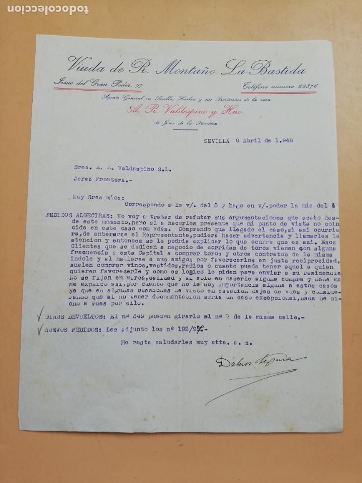Lettere commerciali: CARTA COMERCIAL. VIUDA DE R. MONTA&Ntilde;O, LA BASTIDA. SEVILLA, 1948.