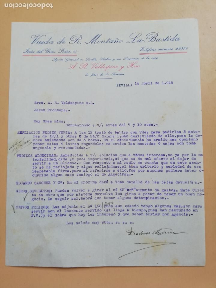 Lettere commerciali: CARTA COMERCIAL. VIUDA DE R. MONTA&Ntilde;O, LA BASTIDA. SEVILLA, 1948.