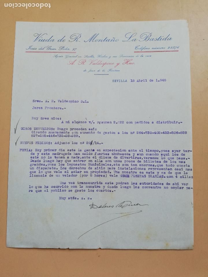 Lettere commerciali: CARTA COMERCIAL. VIUDA DE R. MONTA&Ntilde;O, LA BASTIDA. SEVILLA, 1948.