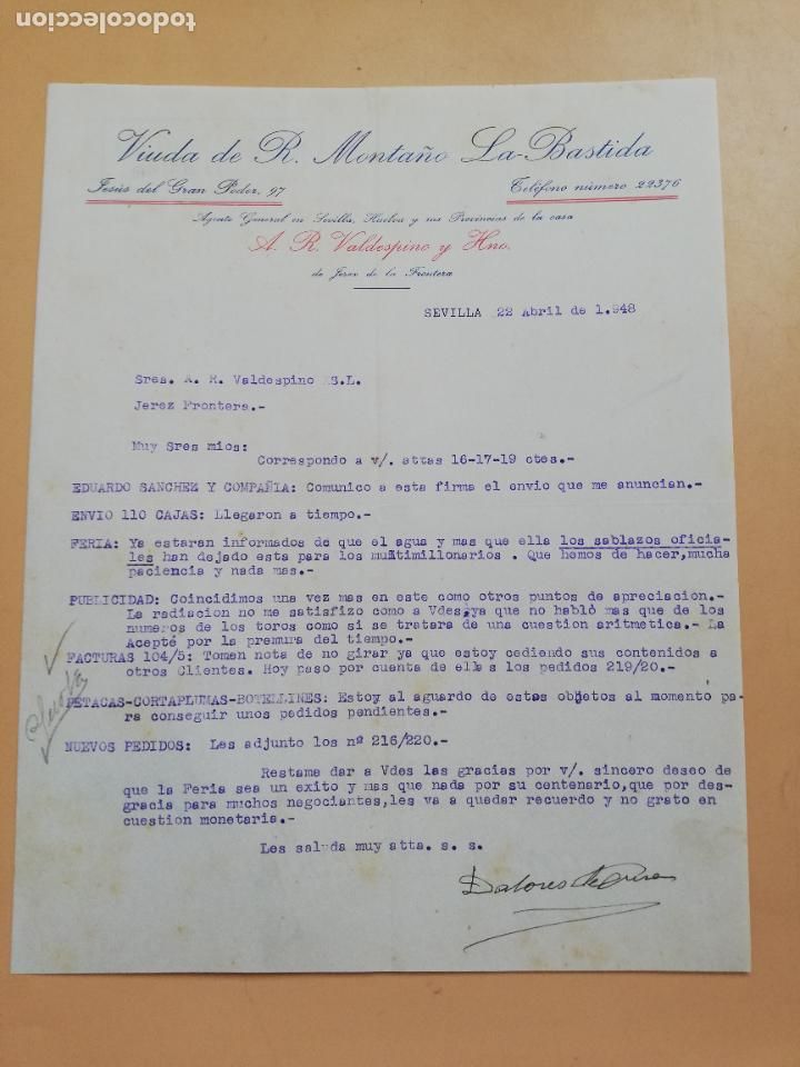 Cartas comerciais: CARTA COMERCIAL. VIUDA DE R. MONTA&Ntilde;O, LA BASTIDA. SEVILLA, 1948.