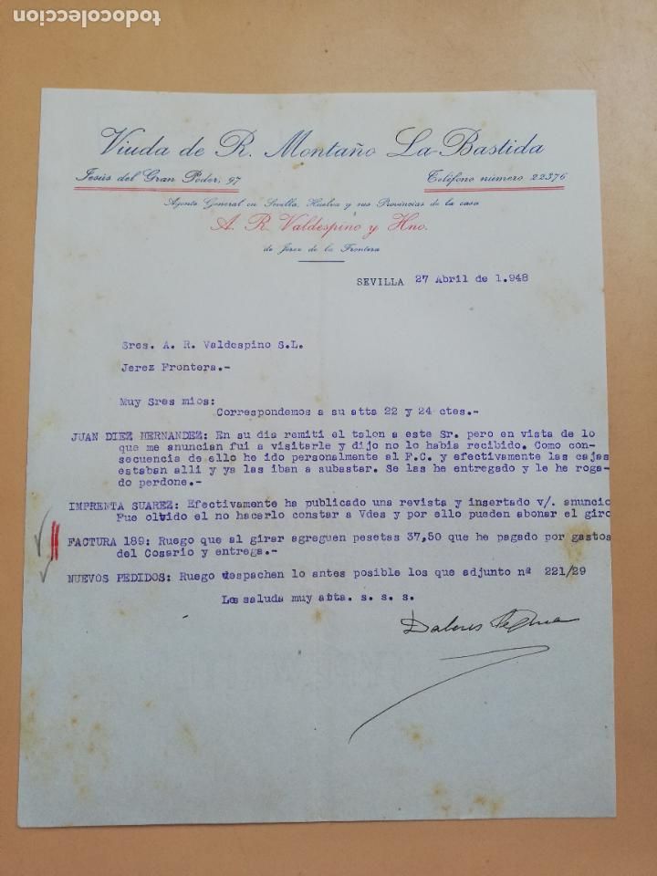 Cartas comerciais: CARTA COMERCIAL. VIUDA DE R. MONTA&Ntilde;O, LA BASTIDA. SEVILLA, 1948.