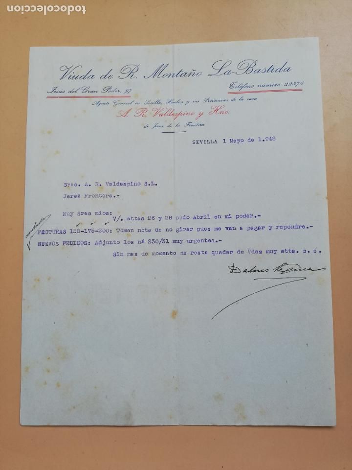 Cartas comerciais: CARTA COMERCIAL. VIUDA DE R. MONTA&Ntilde;O, LA BASTIDA. SEVILLA, 1948.
