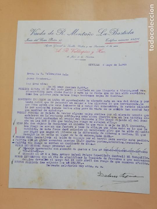 Cartas comerciais: CARTA COMERCIAL. VIUDA DE R. MONTA&Ntilde;O, LA BASTIDA. SEVILLA, 1948.