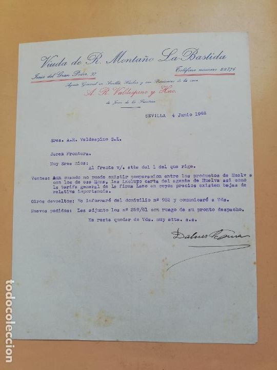 Cartas comerciais: CARTA COMERCIAL. VIUDA DE R. MONTA&Ntilde;O, LA BASTIDA. SEVILLA, 1948.