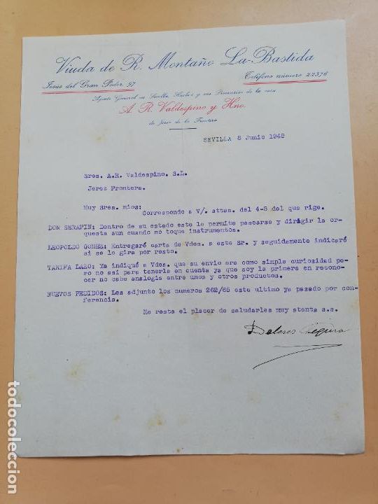 Cartas comerciais: CARTA COMERCIAL. VIUDA DE R. MONTA&Ntilde;O, LA BASTIDA. SEVILLA, 1948.