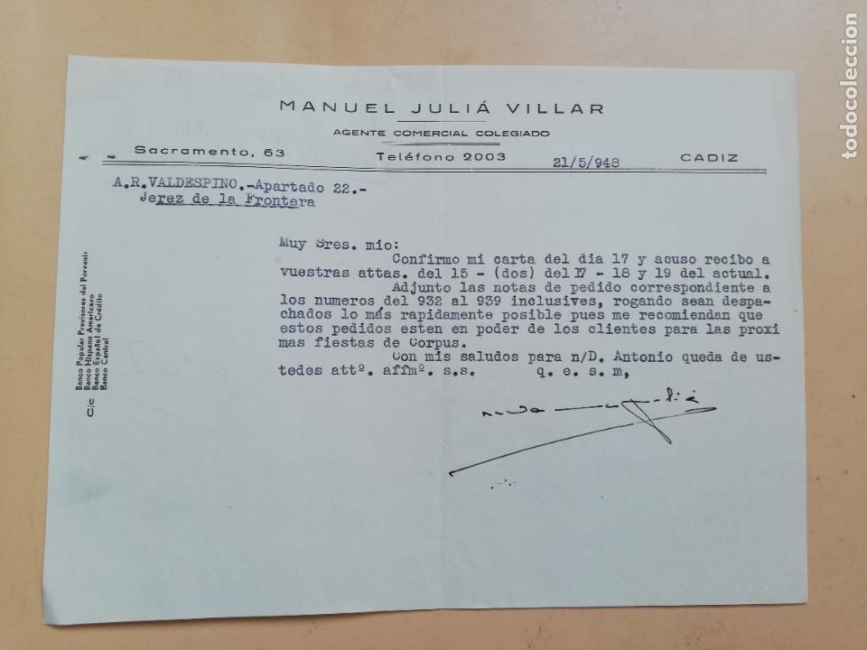 Cartas comerciais: CARTA COMERCIAL. ACUSE DE RECIBO. MANUEL JULIA VILLAR. AGENTE COMERCIAL COLEGIADO. CADIZ. 1948.