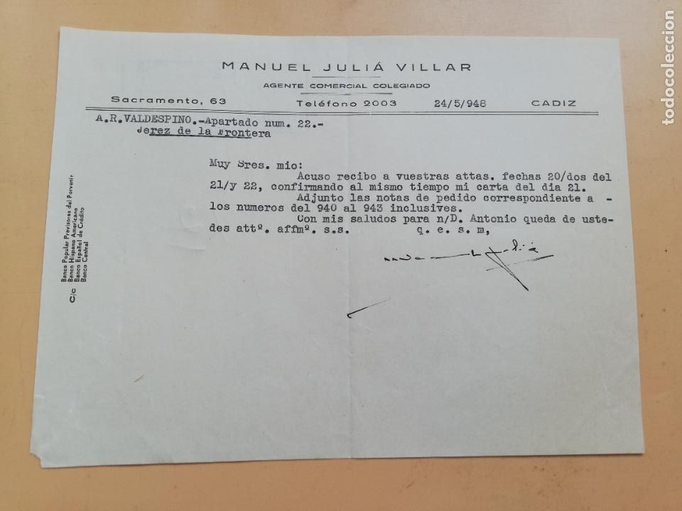 Cartas comerciais: CARTA COMERCIAL. ACUSE DE RECIBO. MANUEL JULIA VILLAR. AGENTE COMERCIAL COLEGIADO. CADIZ. 1948.