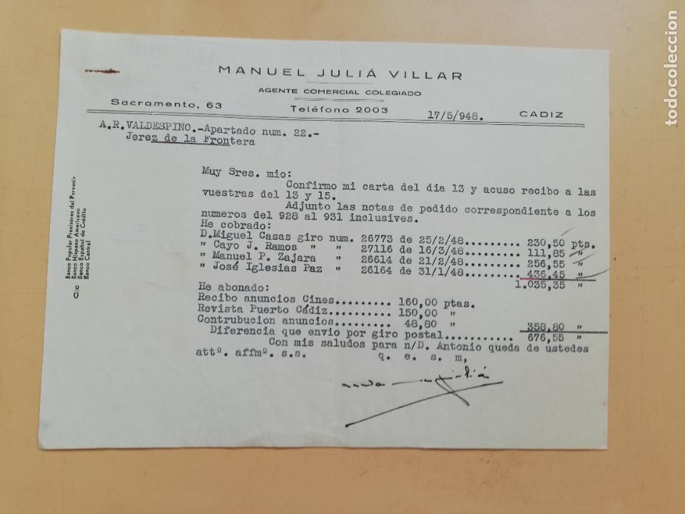 Cartas comerciais: CARTA COMERCIAL. ACUSE DE RECIBO. MANUEL JULIA VILLAR. AGENTE COMERCIAL COLEGIADO. CADIZ. 1948.