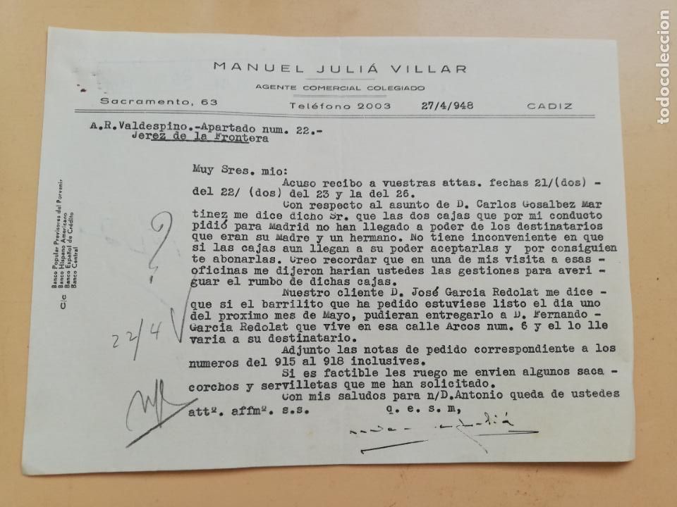 Cartas comerciais: CARTA COMERCIAL. ACUSE DE RECIBO. MANUEL JULIA VILLAR. AGENTE COMERCIAL COLEGIADO. CADIZ. 1948.