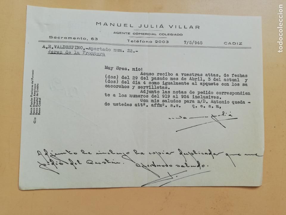 Cartas comerciais: CARTA COMERCIAL. ACUSE DE RECIBO. MANUEL JULIA VILLAR. AGENTE COMERCIAL COLEGIADO. CADIZ. 1948.