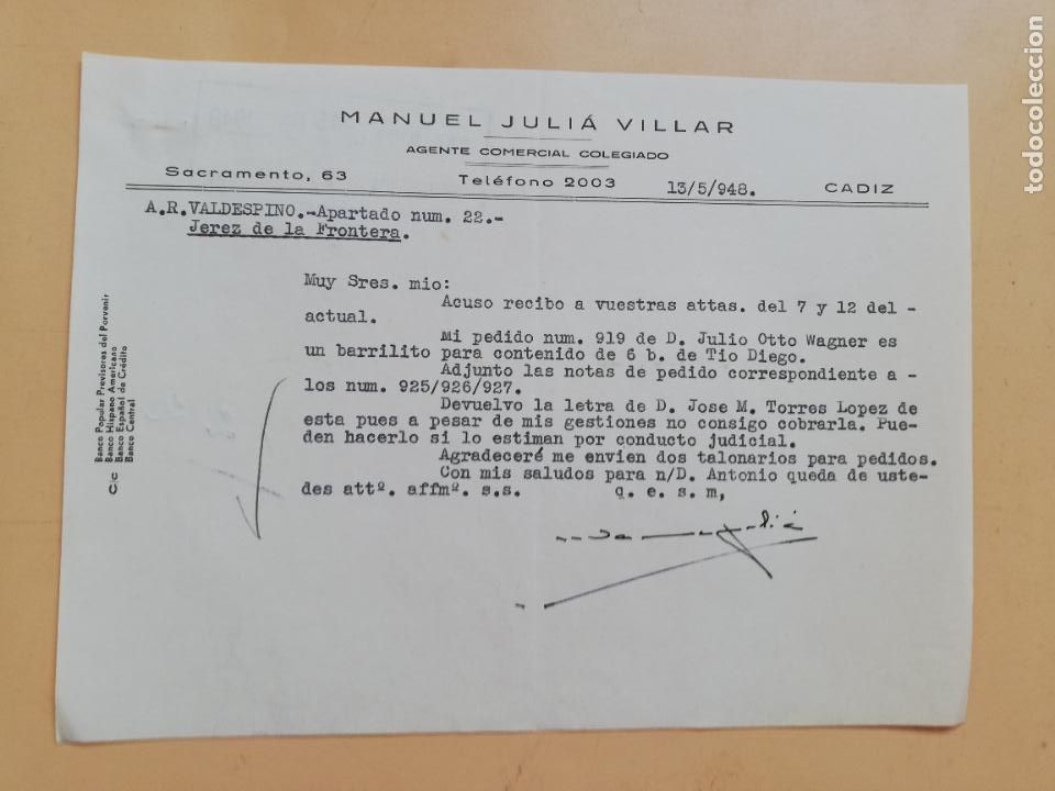 Cartas comerciais: CARTA COMERCIAL. ACUSE DE RECIBO. MANUEL JULIA VILLAR. AGENTE COMERCIAL COLEGIADO. CADIZ. 1948.