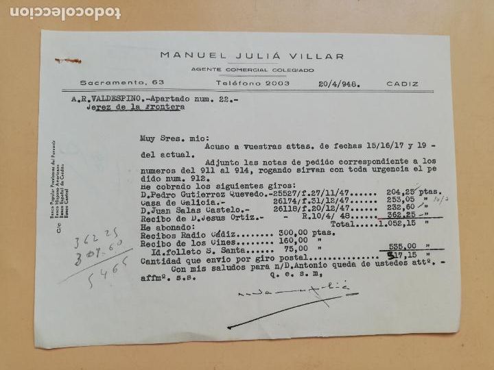 Cartas comerciais: CARTA COMERCIAL. ACUSE DE RECIBO. MANUEL JULIA VILLAR. AGENTE COMERCIAL COLEGIADO. CADIZ. 1948.