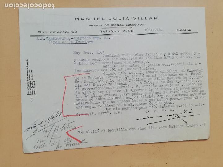 Cartas comerciais: CARTA COMERCIAL. MANUEL JULIA VILLAR. AGENTE COMERCIAL COLEGIADO. CADIZ. 1948.