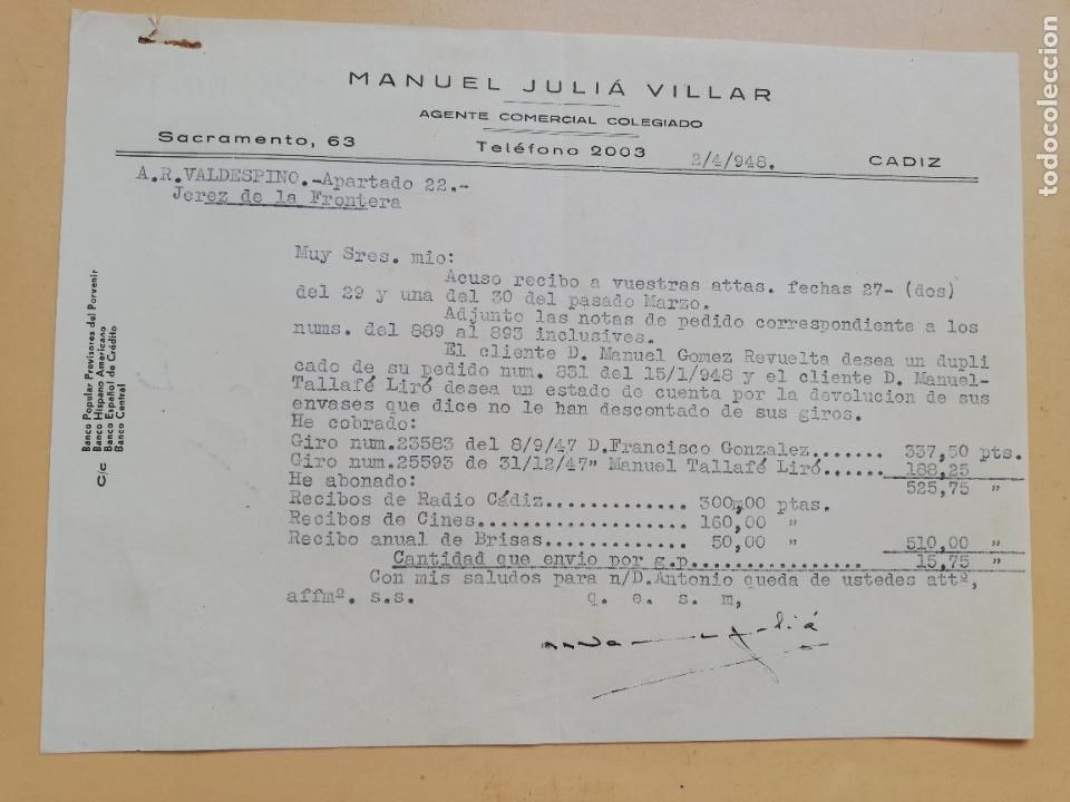 Cartas comerciais: CARTA COMERCIAL. ACUSE DE RECIBO. MANUEL JULIA VILLAR. AGENTE COMERCIAL COLEGIADO. CADIZ. 1948.