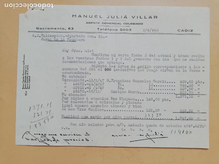 Cartas comerciais: CARTA COMERCIAL. ACUSE DE RECIBO. MANUEL JULIA VILLAR. AGENTE COMERCIAL COLEGIADO. CADIZ. 1948.